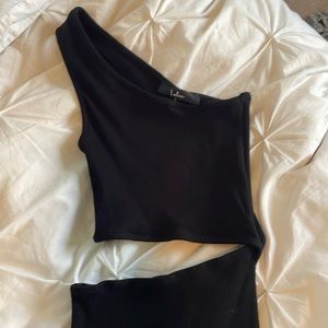 Lulu’s Spice Things Up Black Ribbed One-Shoulder Cutout Midi Dress